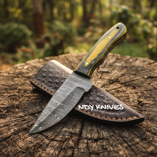 8" Damascus Steel Skinning Knife – Fixed Blade Skinner with Pakkawood Handle