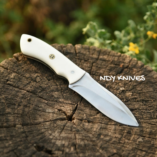8" J2 Stainless Steel Skinning Knife – Fixed Blade Skinner with White Resin Handle