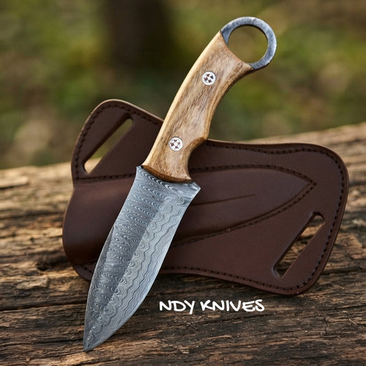 8" Damascus Steel Skinning Knife – Fixed Blade Skinner with Olivewood Handle