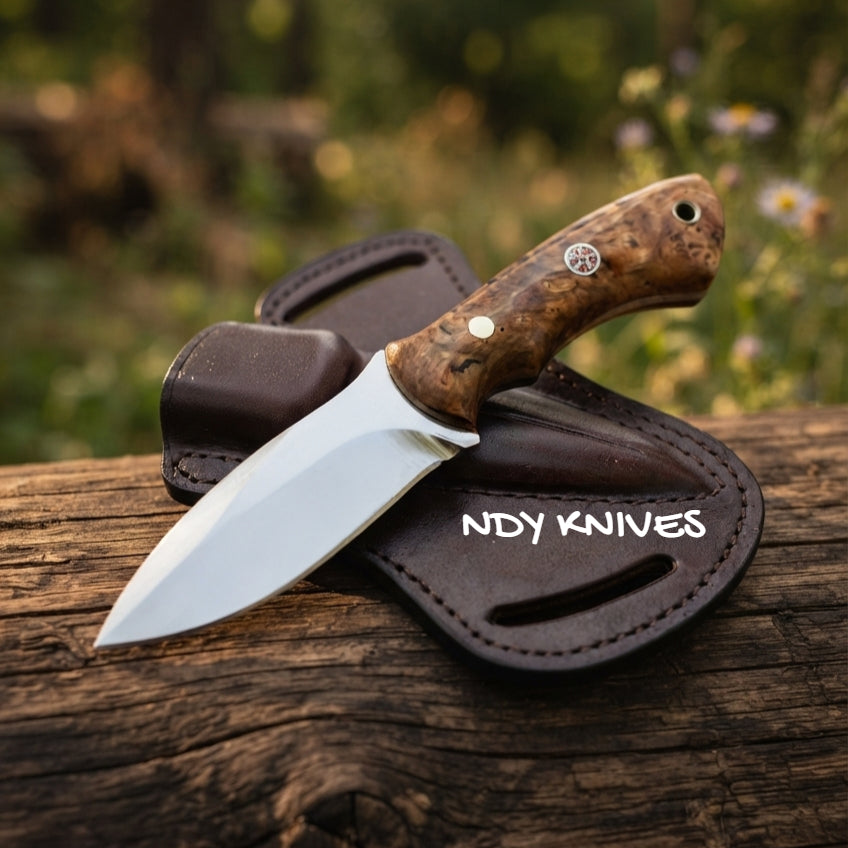 8" J2 Stainless Steel Skinning Knife – Fixed Blade Skinner with Olive Burl Wood
