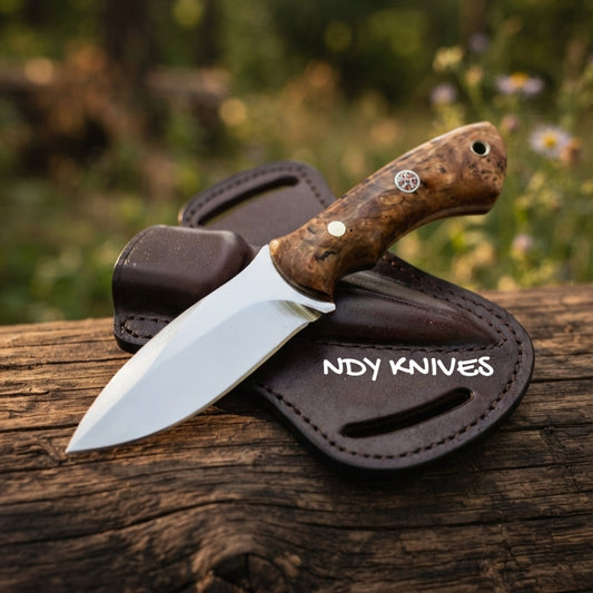 8" J2 Stainless Steel Skinning Knife – Fixed Blade Skinner with Olive Burl Wood