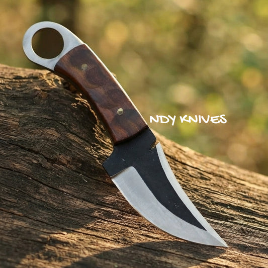 8" High Carbon Steel Skinning Knife – Fixed Blade Ring Skinner with Rosewood