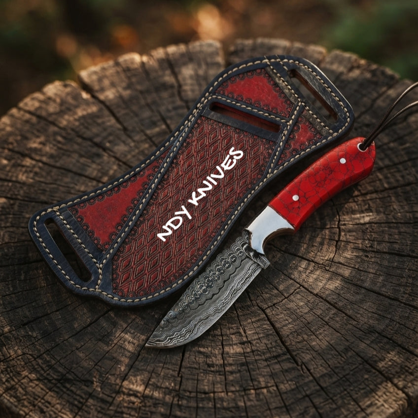 7.5" Damascus Steel Cowboy Knife – Fixed Blade Outdoor Tool with Red Resin Handle