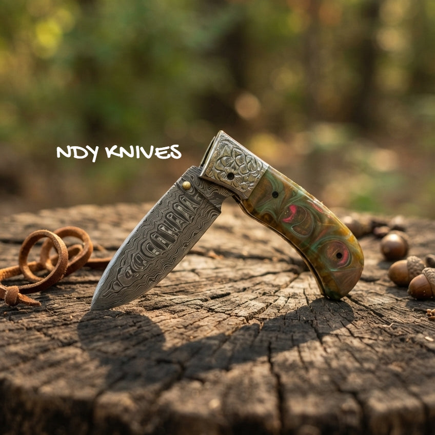 3.5" Damascus Steel Folding Pocket Knife – Engraved Resin Folder
