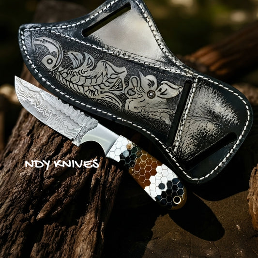 7.5" Damascus Steel Cowboy Knife – Fixed Blade Outdoor Tool with Honeycomb Handle