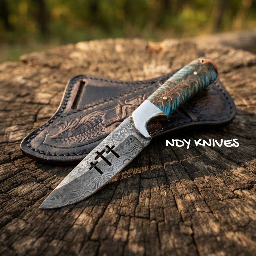 8" Damascus Steel Cowboy Knife – Fixed Blade Outdoor Tool with Cross Cutout