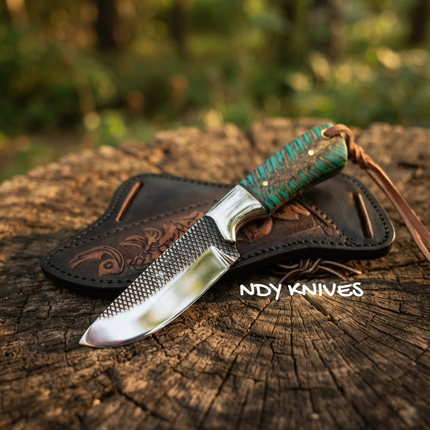 7.5" Rasp Steel Cowboy Knife – Fixed Blade Outdoor Tool with Pinecone Resin Handle