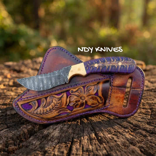 7.5" Damascus Steel Cowboy Knife – Fixed Blade Tool with Purple Pinecone Handle