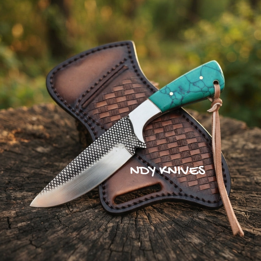 7.5" Rasp Steel Cowboy Knife – Fixed Blade Outdoor Tool Turquoise Stone Handle