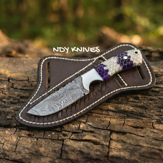 7.5" Damascus Steel Cowboy Knife – Fixed Blade Outdoor Tool Honeycomb Handle