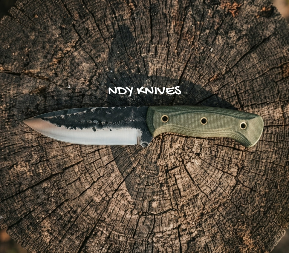 9" High Carbon Steel Bushcraft Knife – Full Tang Skinner with Green Micarta Handle