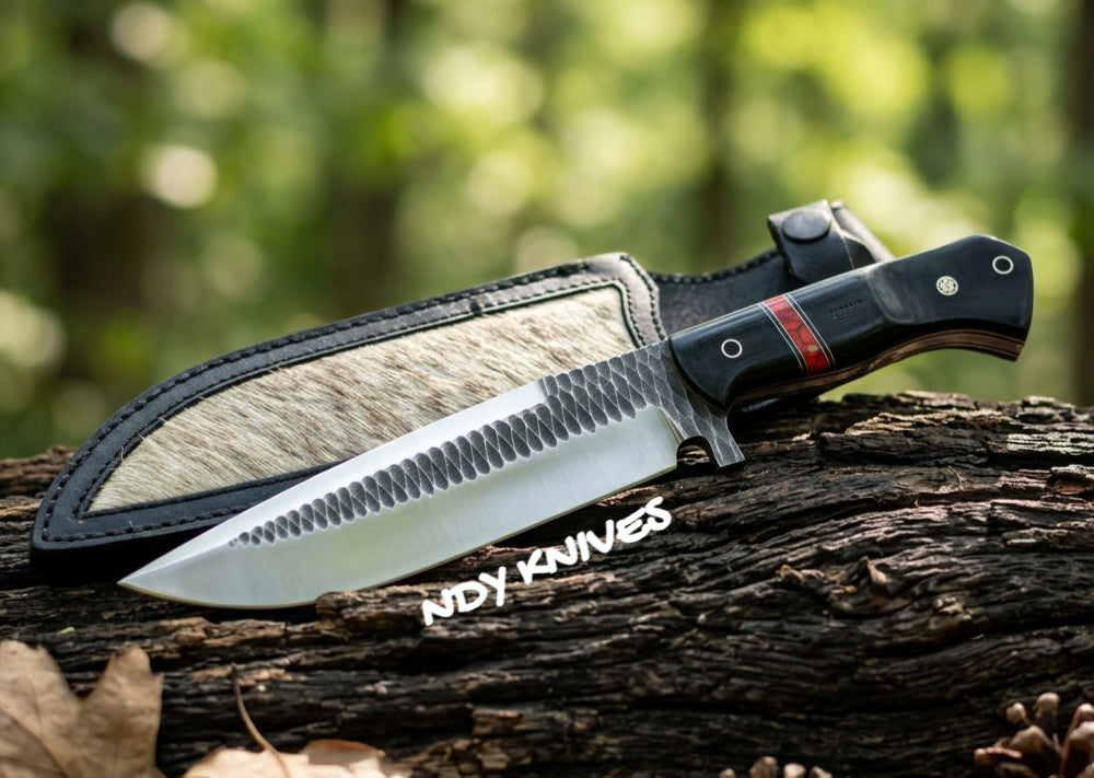 Hand-Forged 12" Bushcraft Knife – Textured Carbon Steel Field Tool with Full Tang & Leather Sheath