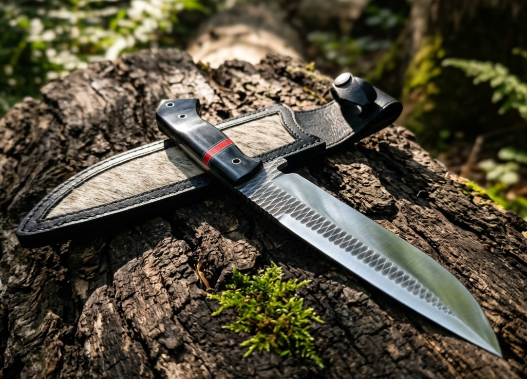 Hand-Forged 12" Bushcraft Knife – Textured Carbon Steel Field Tool with Full Tang & Leather Sheath