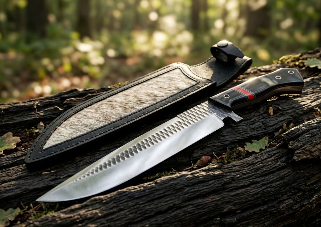 Hand-Forged 12" Bushcraft Knife – Textured Carbon Steel Field Tool with Full Tang & Leather Sheath