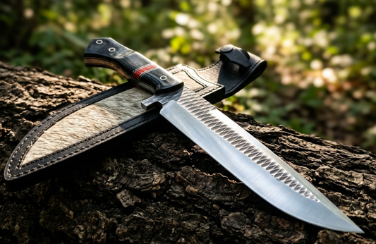 Hand-Forged 12" Bushcraft Knife – Textured Carbon Steel Field Tool with Full Tang & Leather Sheath