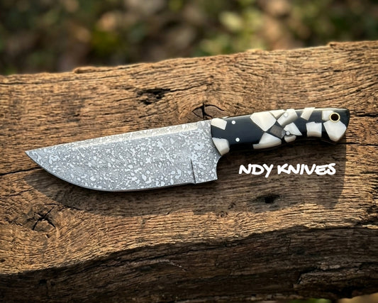 Custom Etched Hunting Knife – Full Tang Fixed Blade with Polished Resin Handle & Leather Sheath