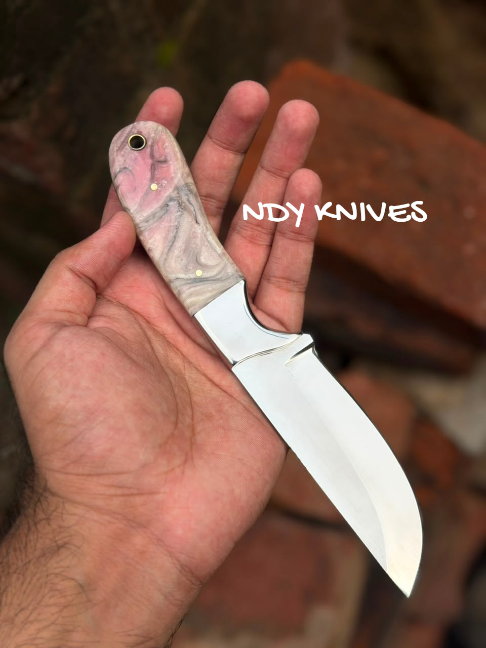 8" J2 Stainless Steel Skinner Knife with Pink & Pearl Swirl Resin Handle