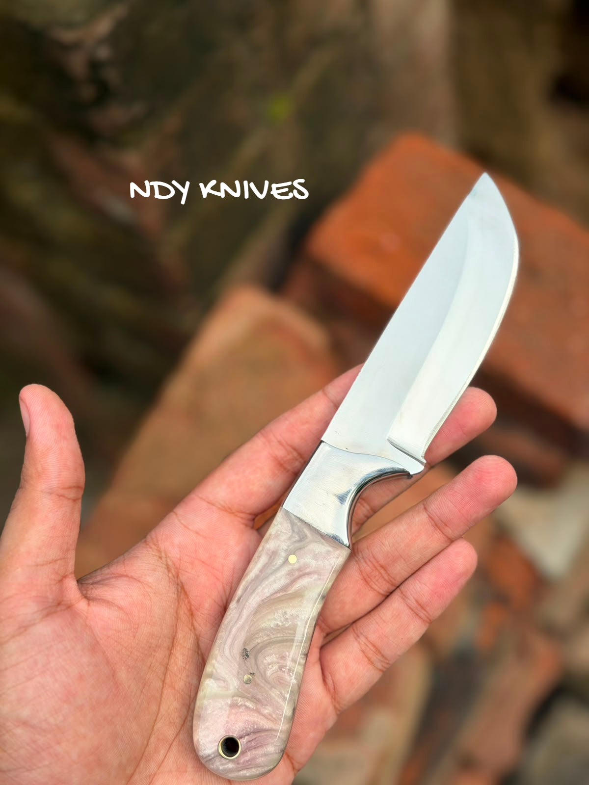 8" J2 Stainless Steel Skinner Knife with Pink & Pearl Swirl Resin Handle