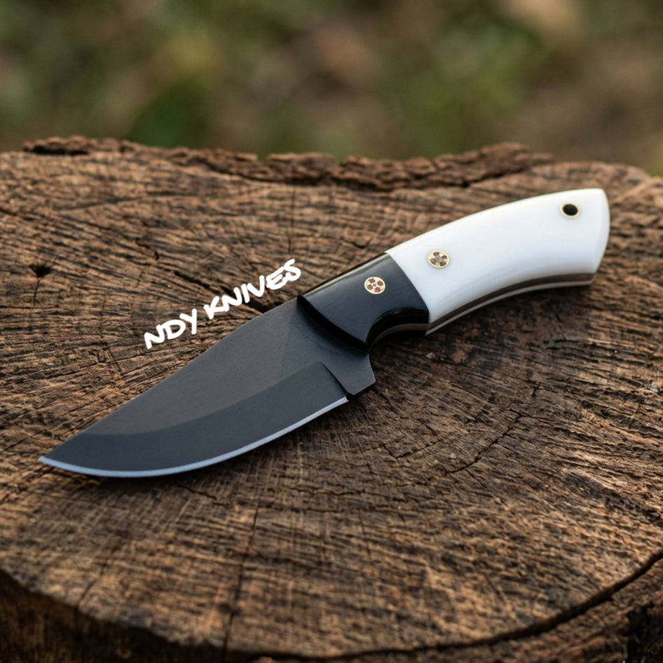 Black Coated Hunting Skinner – Full Tang Curved Fixed Blade with Weatherproof Utility Handle & Leather Sheath