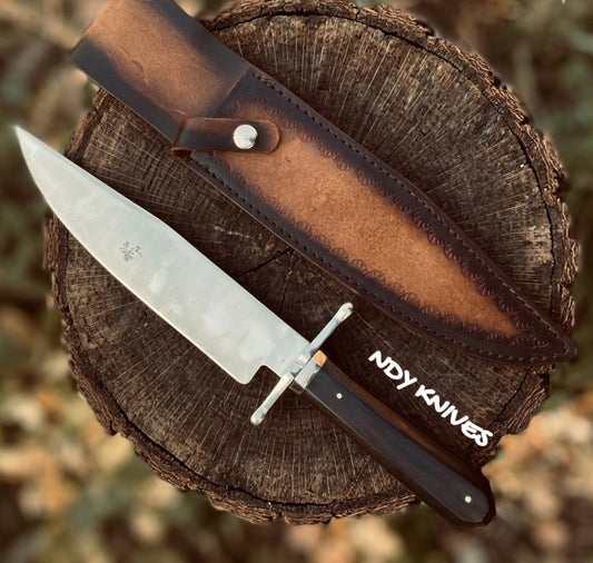 Classic J2 Stainless Steel Bowie Knife – Large Fixed Blade with Exotic Rosewood Handle & Leather Sheath