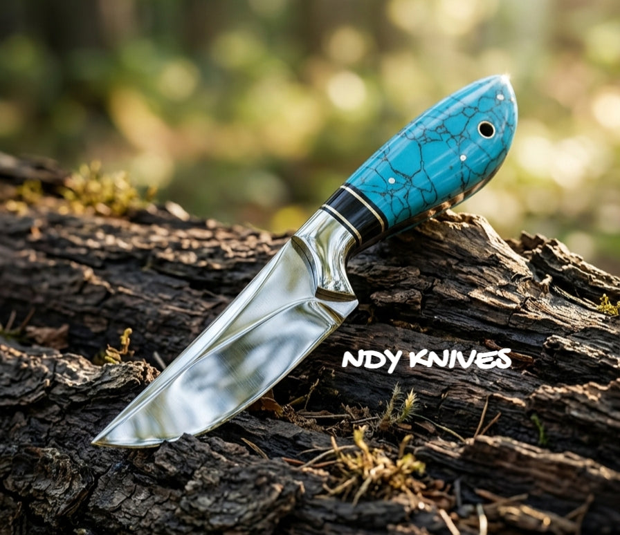 Handcrafted Turquoise Stone Handle Field Knife – Premium Fixed Blade Collector’s Tool with Leather Sheath