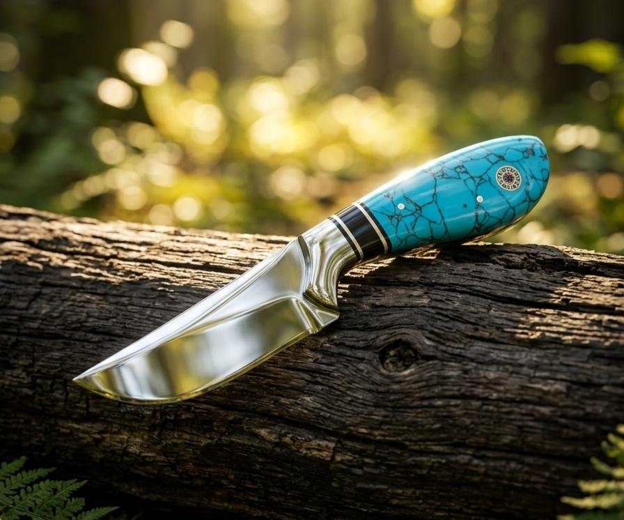 Handcrafted Turquoise Stone Handle Field Knife – Premium Fixed Blade Collector’s Tool with Leather Sheath