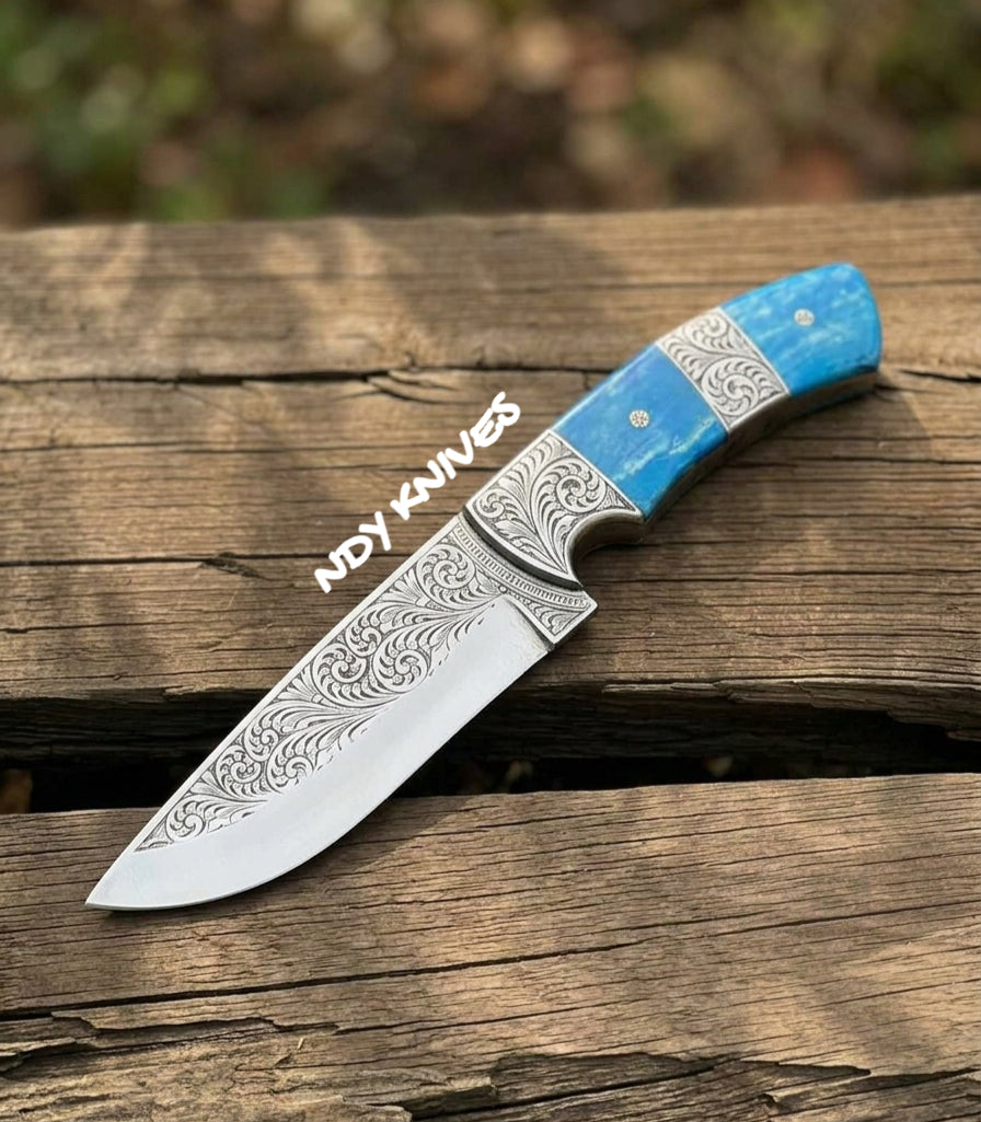 Hand-Engraved J2 Stainless Collector’s Knife – Luxury Fixed Blade with Dyed Camel Bone Handle & Leather Sheath