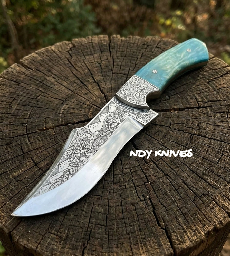 Signature J2 Stainless Collector’s Knife – 10.5" Hand-Engraved Fixed Blade with Dyed Camel Bone Handle & Leather Sheath