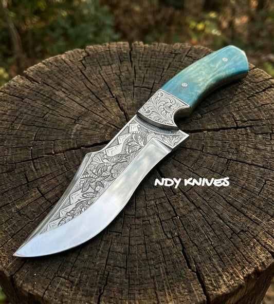 Signature J2 Stainless Collector’s Knife – 10.5" Hand-Engraved Fixed Blade with Dyed Camel Bone Handle & Leather Sheath