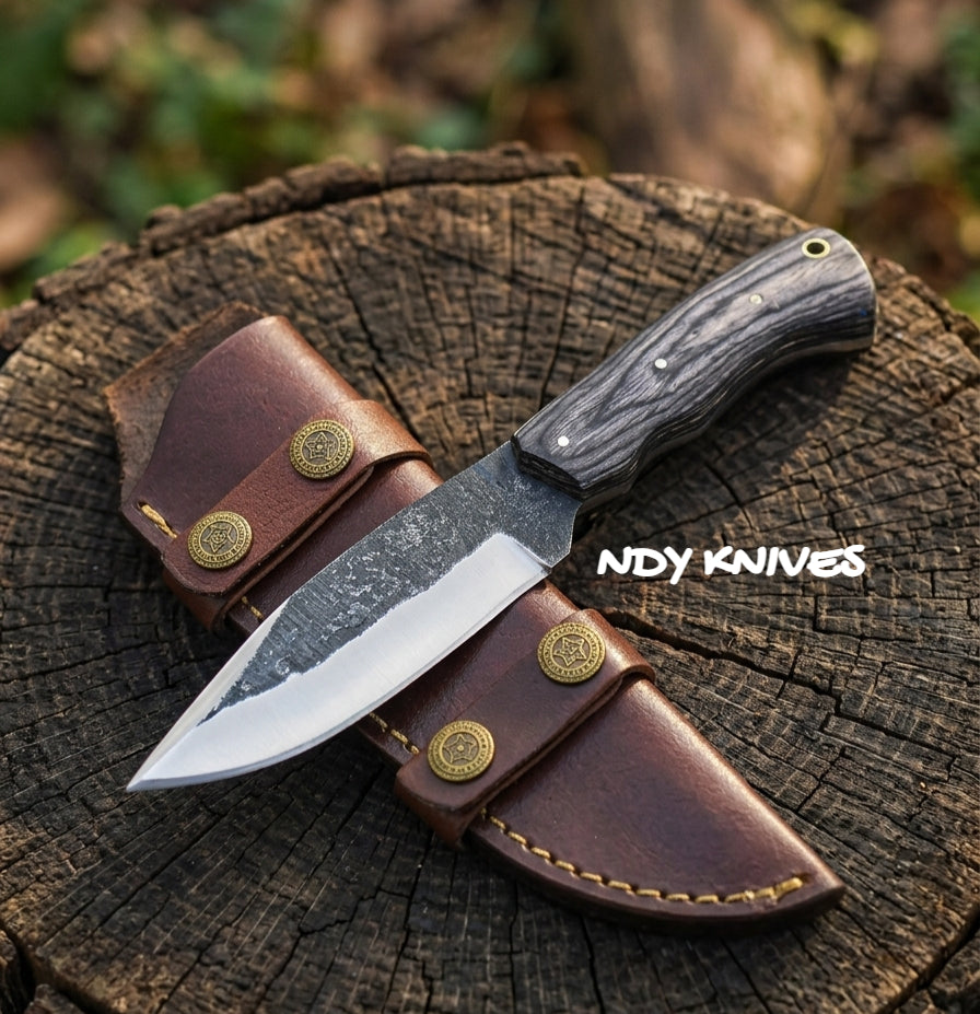 9.5" Hand-Forged High Carbon Hunting Knife – Full Tang Fixed Blade with Durable Pakkawood Handle & Leather Sheath