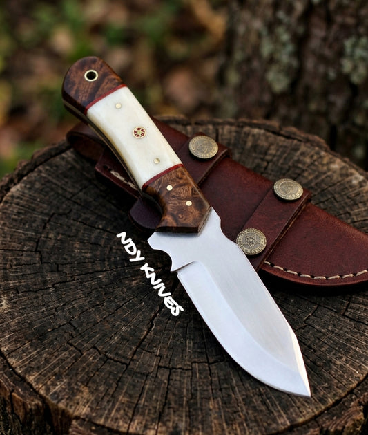 9" J2 Stainless Steel Hunting Skinner – Hand-Forged Fixed Blade with Camel Bone, Rosewood & Mosaic Pin Handle