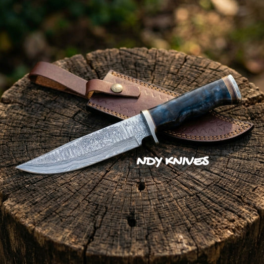 12" Grand Damascus Bowie Knife – Hand-Forged Full-Tang Blade with Designer Resin Handle & Premium Leather Sheath