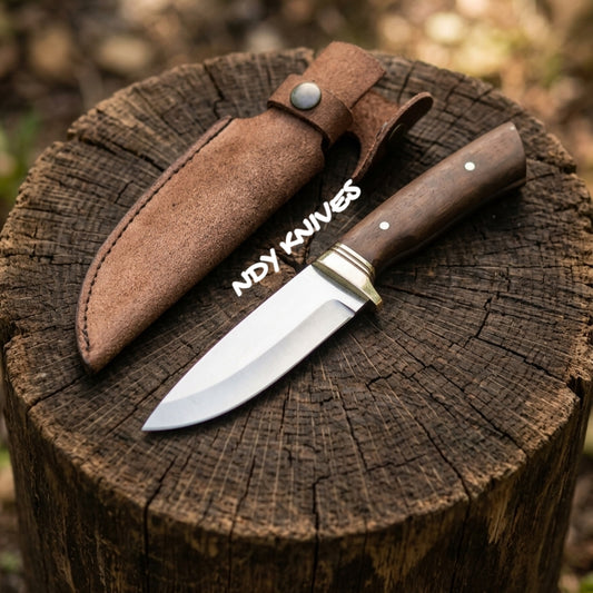 9" J2 Stainless Steel Hunting Skinner – Full-Tang Fixed Blade with Exotic Rosewood Handle & Polished Brass Guard