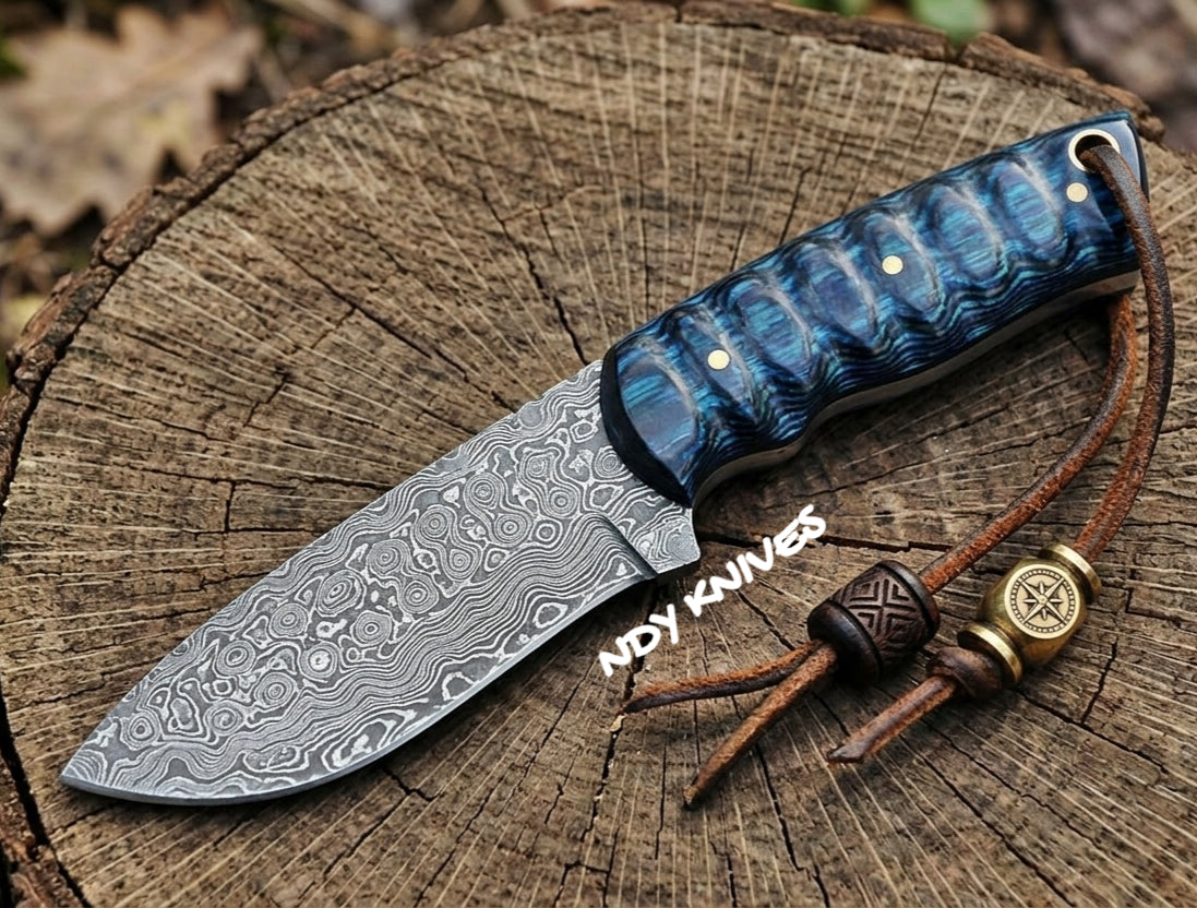 8" Hand-Forged Damascus Steel Skinner Knife – Deep-Belly Precision Blade with Durable Pakkawood Handle & Leather Sheath
