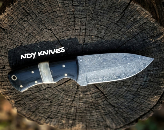 9" Premium Hand-Forged Damascus Steel Skinner – Full-Tang Fixed Blade with Bull Horn & Authentic Bone Handle