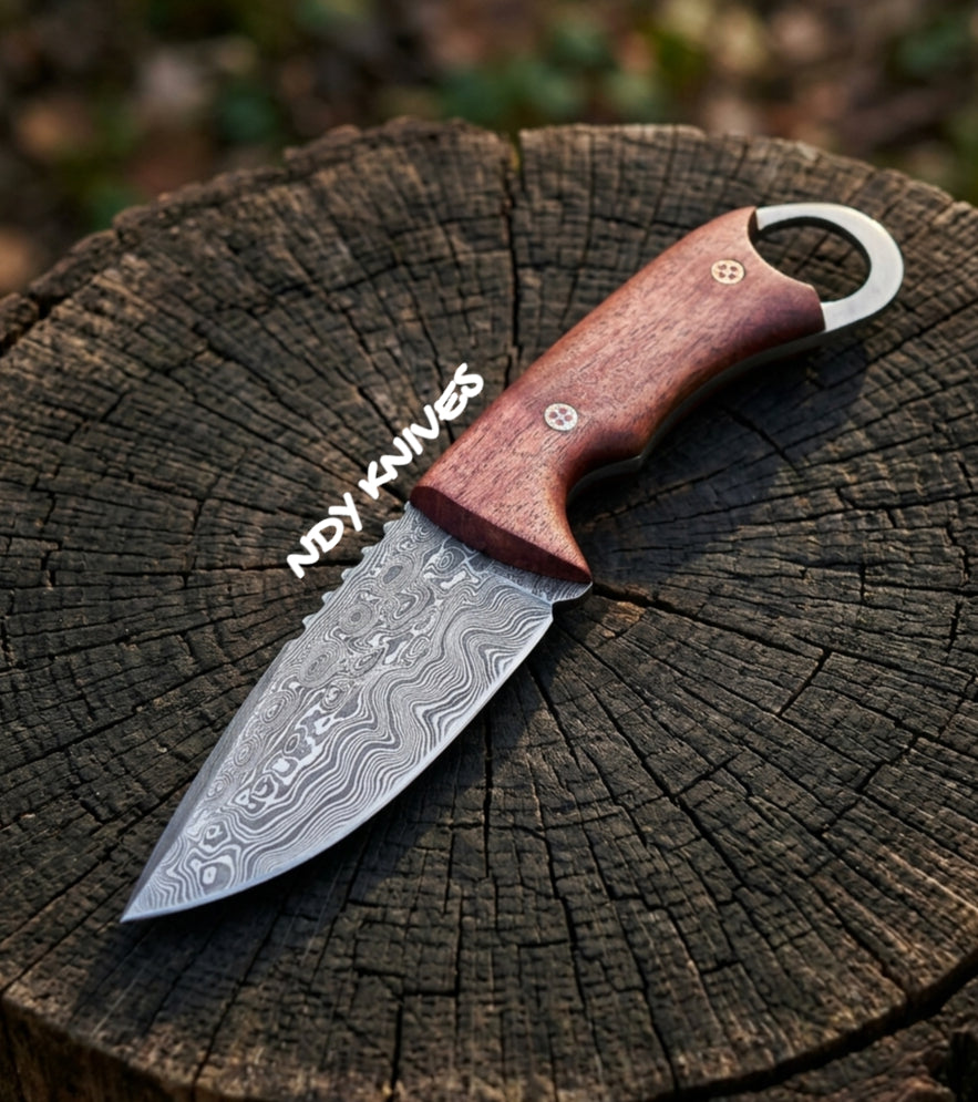 8" Hand-Forged Damascus Steel Skinner Knife – Full-Tang Hunting Blade with Premium Rosewood Handle & Mosaic Pins
