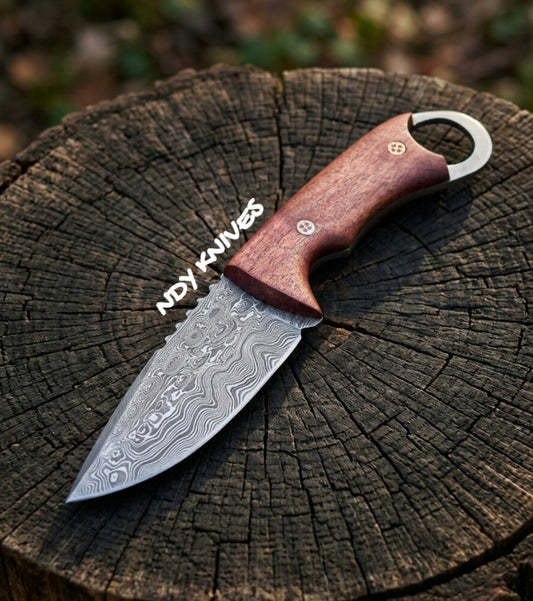 8" Hand-Forged Damascus Steel Skinner Knife – Full-Tang Hunting Blade with Premium Rosewood Handle & Mosaic Pins