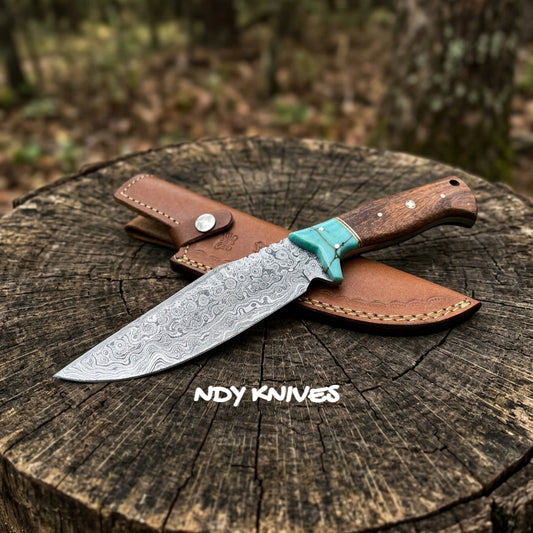 11" Grand Damascus Hunting Knife – Full-Tang Forged Blade with Rosewood Handle & Turquoise Stone Accent