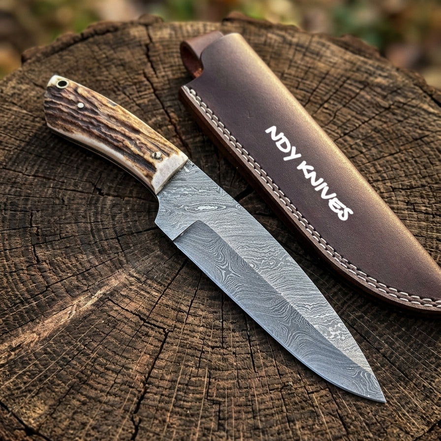 11" Grand Damascus Hunting Knife – Hand-Forged Full-Tang Blade with Authentic Stag Horn Handle & Premium Leather Sheath