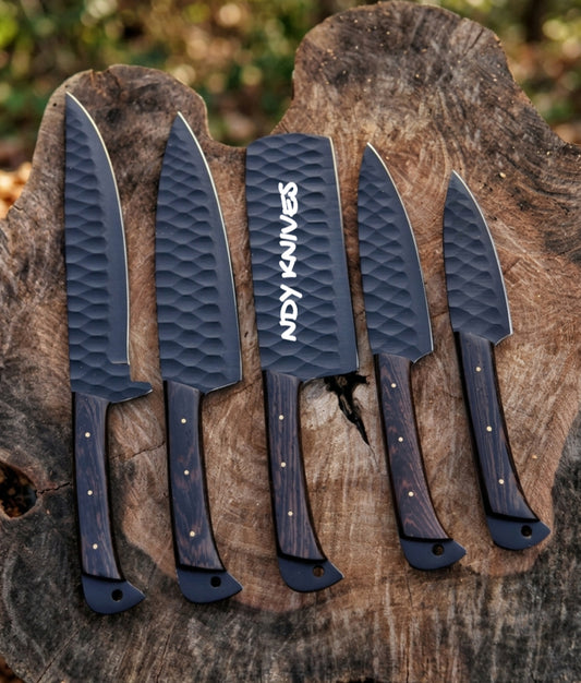 Premium 5-Piece Hand-Forged Kitchen Knife Set – Sleek Black Powder Coated filed Blades & Luxury Wenge Wood Handles