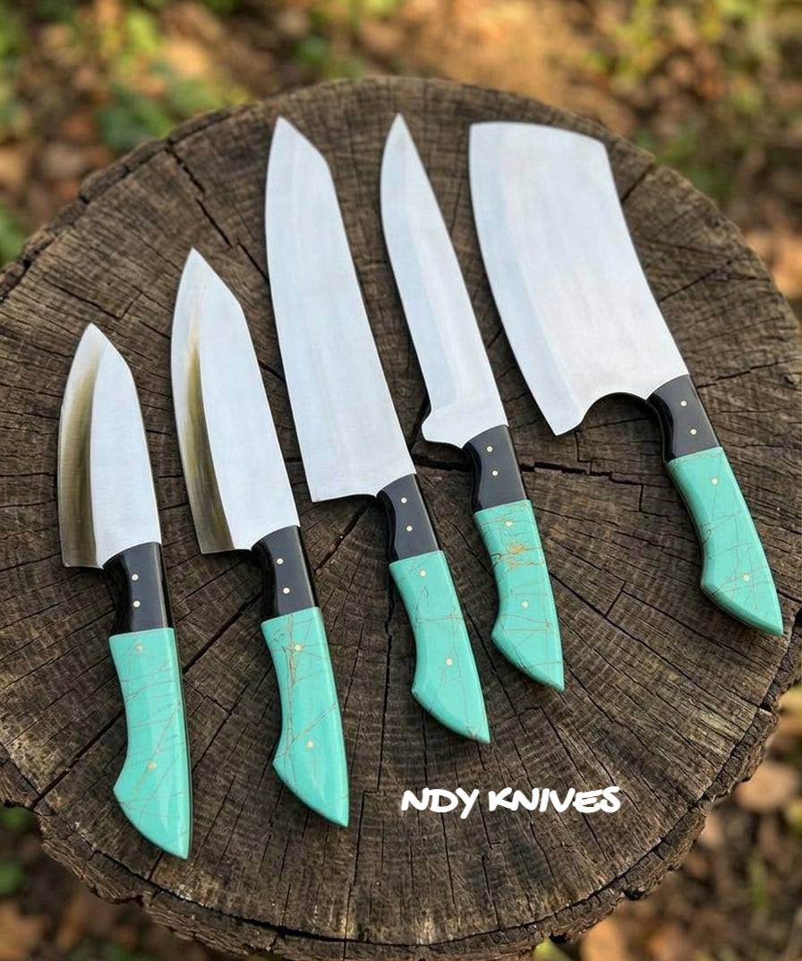 Premium 5-Piece J2 Stainless Steel Kitchen Knife Set – Mirror-Polished Chef Knife Collection with Luxury Liquid Resin Handles