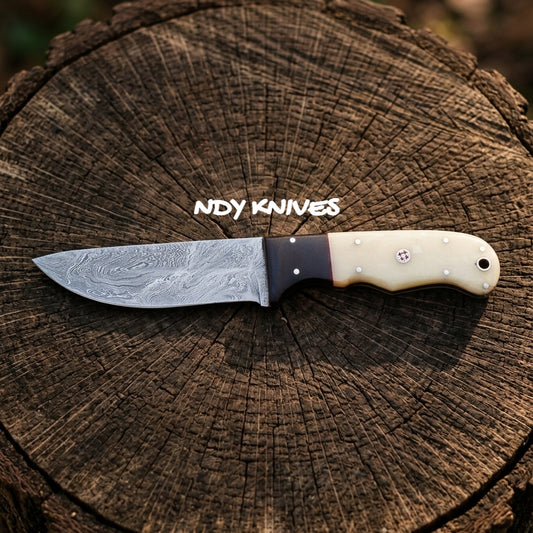 8" Hand-Forged Damascus Steel Skinner Knife – Full-Tang Fixed Blade with Premium Bone, Bull Horn, & Mosaic Pin Handle