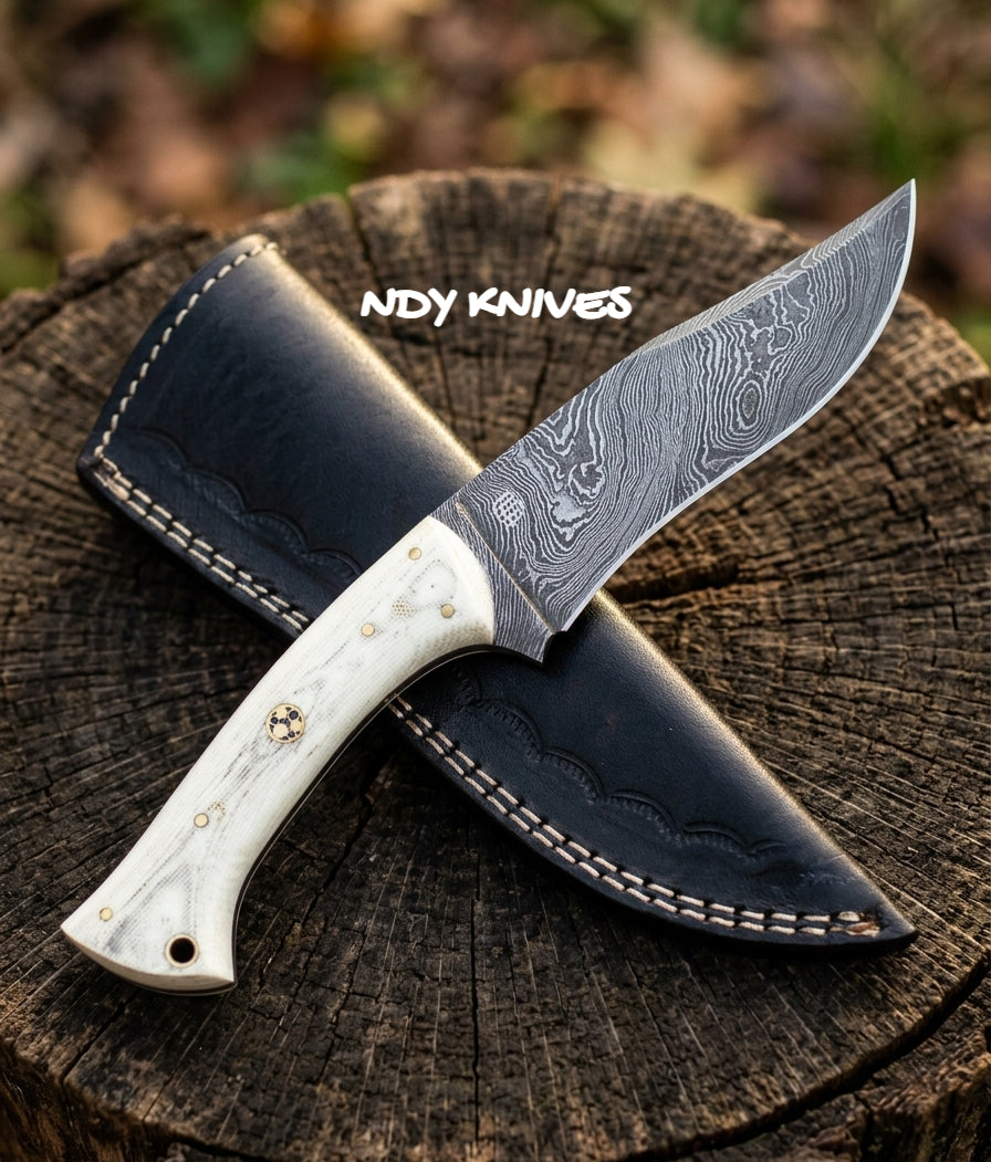 8" Hand-Forged Damascus Steel Skinner Knife – Full-Tang Hunting Blade with Weatherproof Micarta Handle & Custom Mosaic Pin