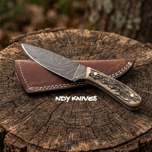 8" Hand-Forged Damascus Steel Skinner Knife – Professional Field Blade with Authentic Stag Horn Handle & Leather Sheath