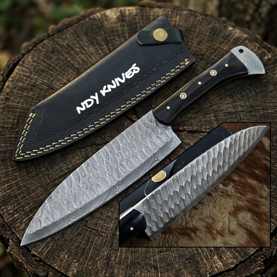 12.5" Luxury Hand-Forged Damascus Steel Chef Knife – Premium Full-Tang Culinary Blade & Mosaic Pin Bull Horn Handle