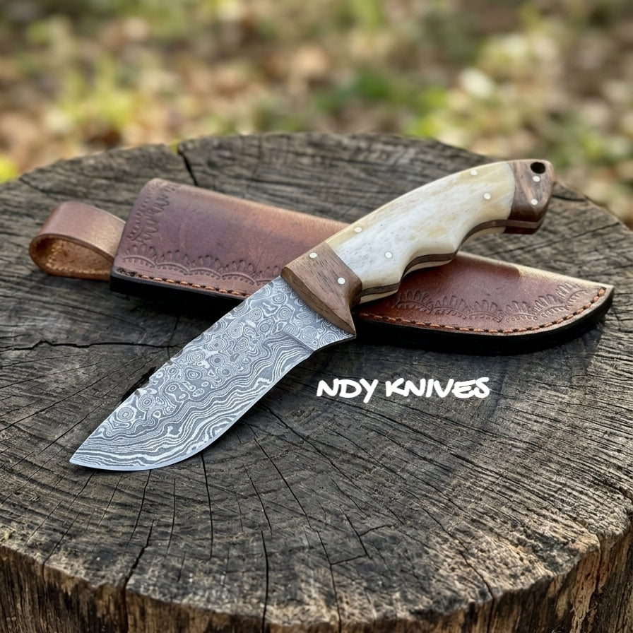 8.5" Hand-Forged Damascus Steel Skinner – Full-Tang Hunting Fixed Blade with Hybrid Walnut Wood & Authentic Bone Handle