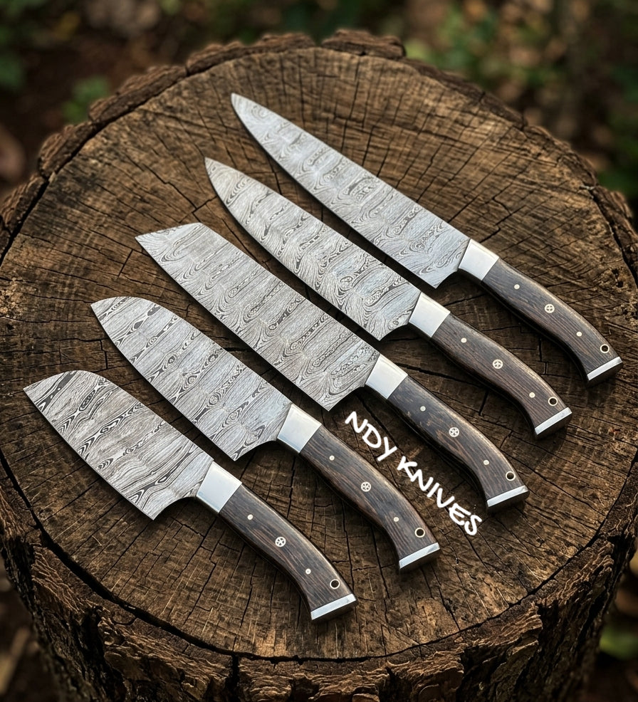 Premium 5-Piece Hand-Forged Damascus Steel Kitchen Knife Set – Full-Tang Chef Knife Collection with Luxury Wenge Wood & Mosaic Pin Handles