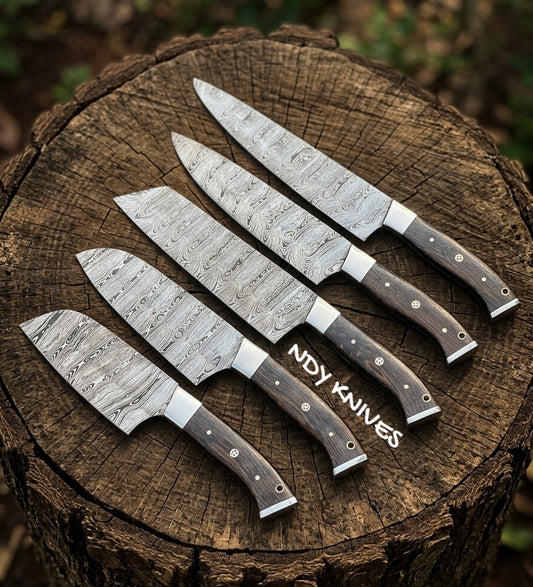 Premium 5-Piece Hand-Forged Damascus Steel Kitchen Knife Set – Full-Tang Chef Knife Collection with Luxury Wenge Wood & Mosaic Pin Handles