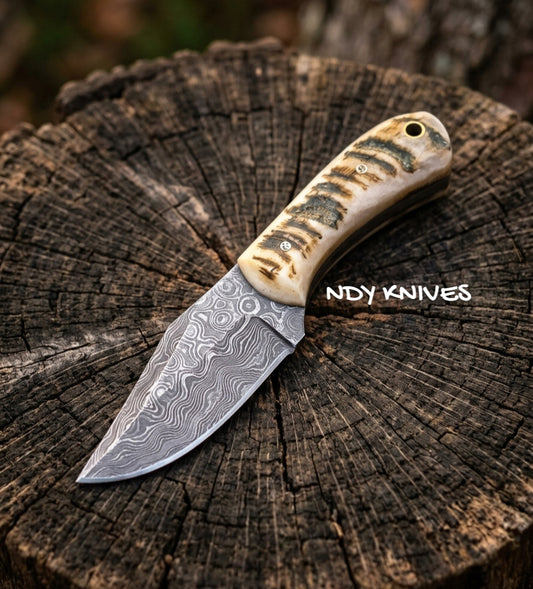 6.5" Hand-Forged Damascus Steel Skinning Knife – Full-Tang Ultra-Compact Caping Blade with Ram Horn Handle & Mosaic Pins