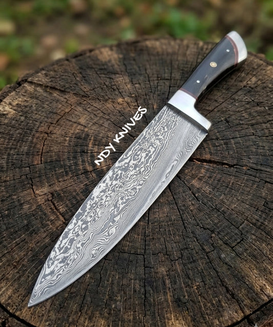 Premium 13" Hand-Forged Damascus Steel Chef Knife – Full-Tang Culinary Masterpiece with Luxury Bull Horn & Mosaic Pin Handle